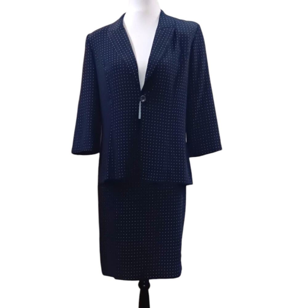 VINTAGE Dressbarn 2-Piece Skirt Top Set Navy Blue Pink Dots Large Career Dressy